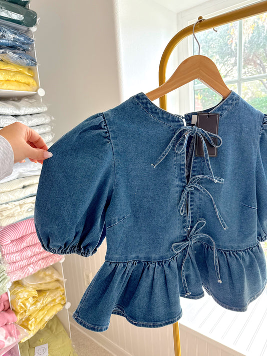 Denim Peplum Bow Top