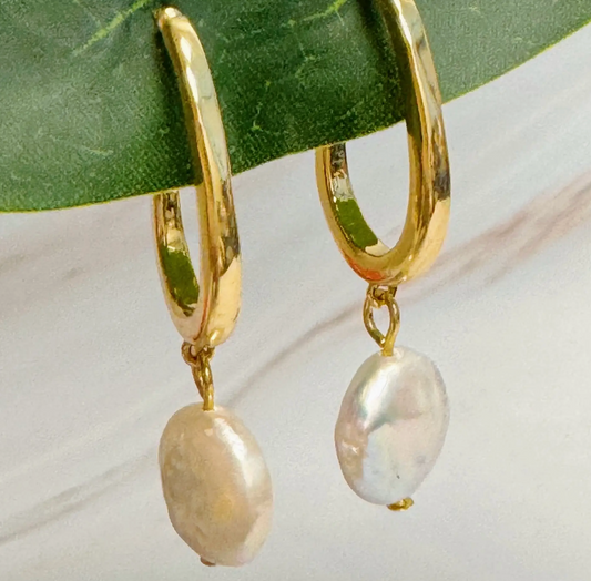 Dangle Pearl Gold Hoop Earrings