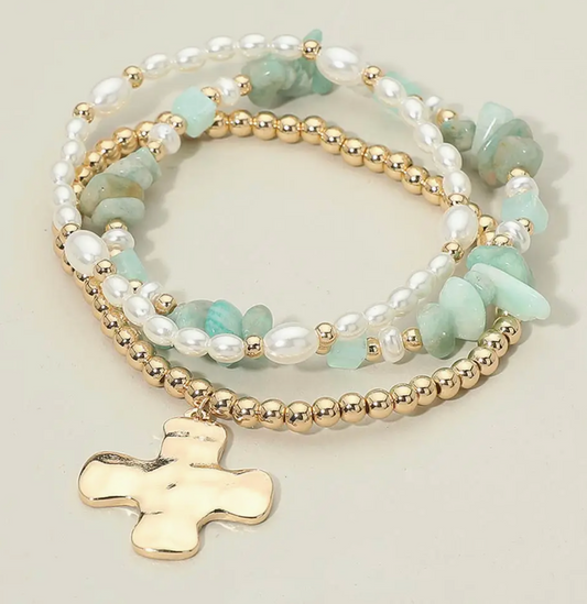 Blue Beaded Cross Bracelet