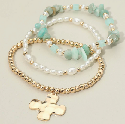 Blue Beaded Cross Bracelet