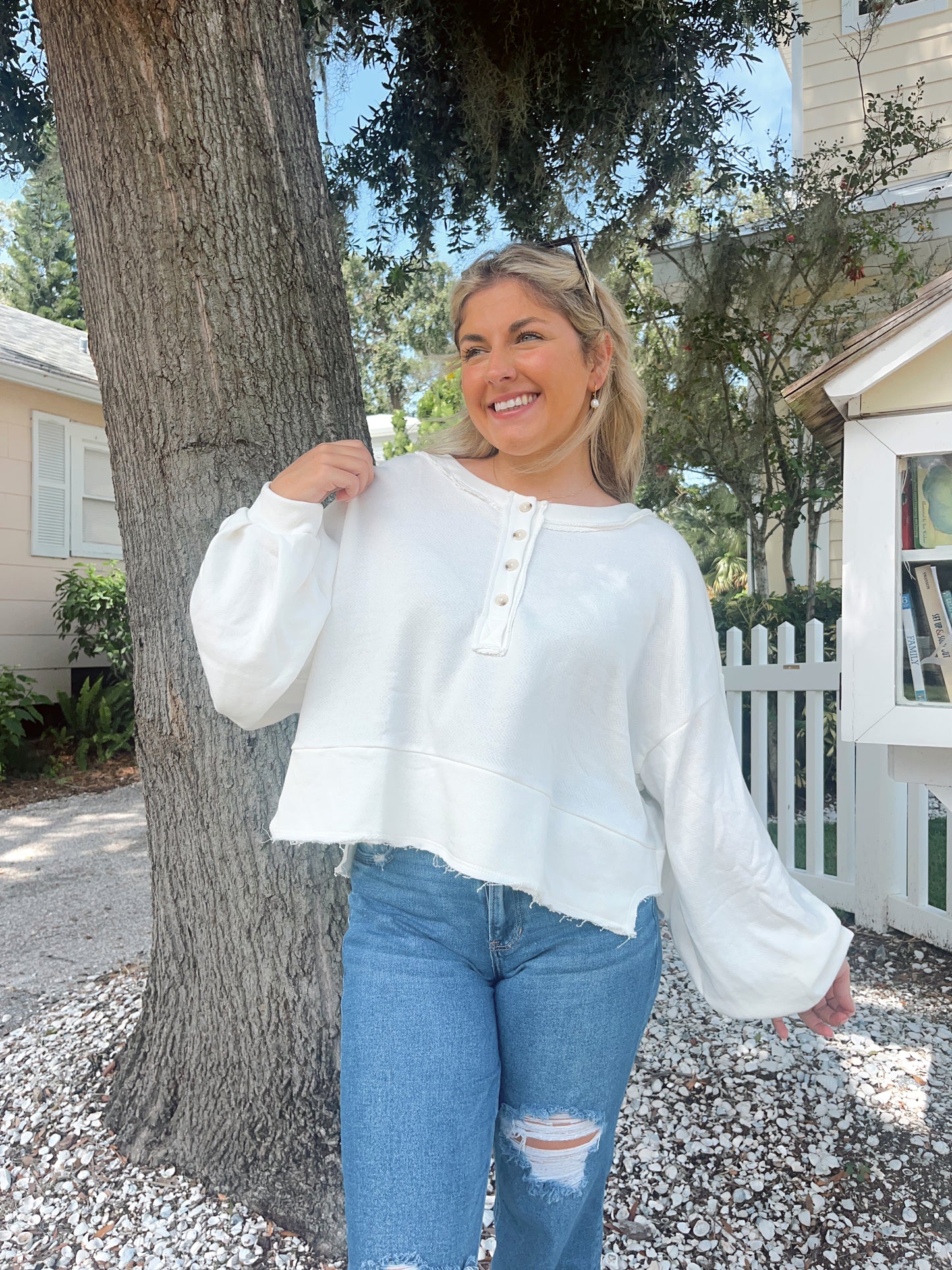 White French Terry Cropped Sweater