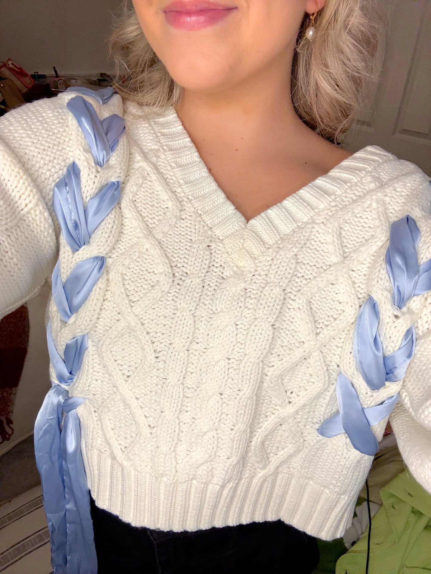 Blue Satin Bow Sweater