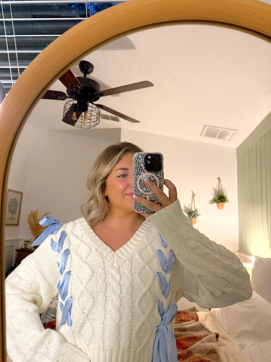 Blue Satin Bow Sweater